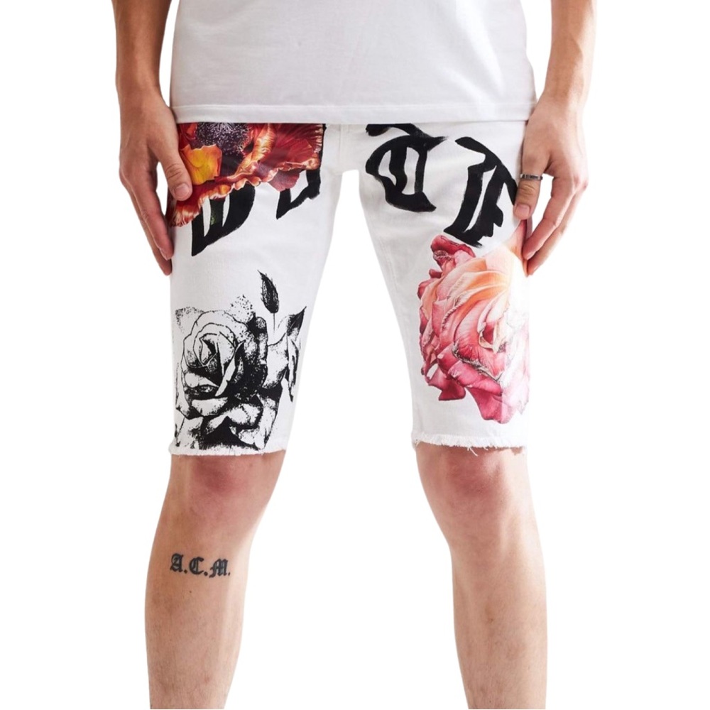 NWT Embellish Jagger Shorts White Denim Rose Print Designer Streetwear